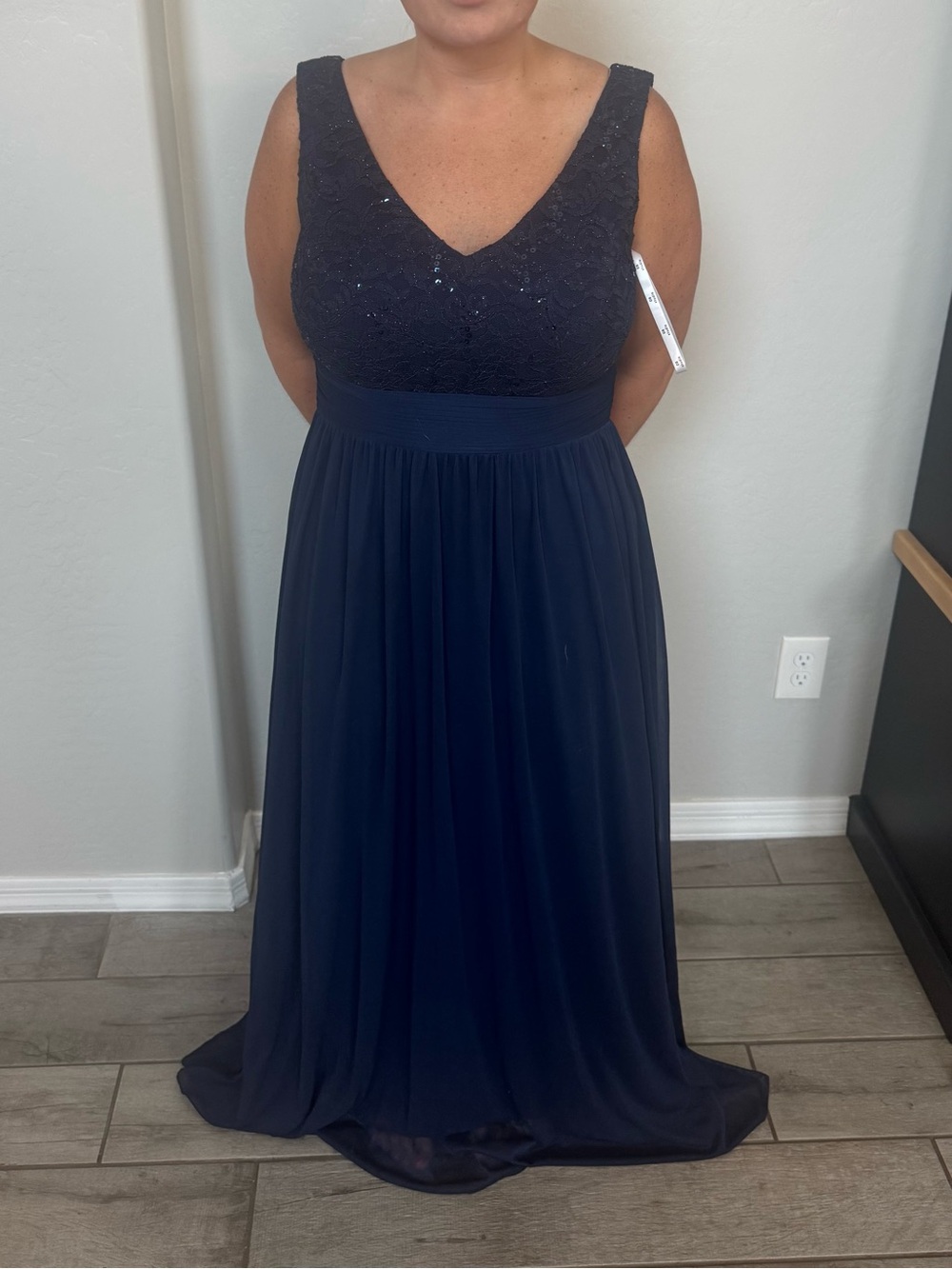 David's Bridal Navy Lace Bodice Chiffon Gown